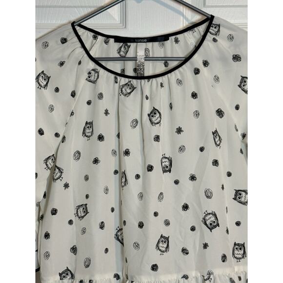 Kensie Women's Black And White Short Sleeve Owl Blouse, Polyester, Super Cute, S - Picture 2 of 8